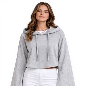 Sudadera Corta con Capucha para Mujer, Color Gris Claro, Informal, Mezcla de Algodón, Sudadera Moderna de Corte Corto, Top con Capucha, Tela Suave y Cómoda - Product Image 1