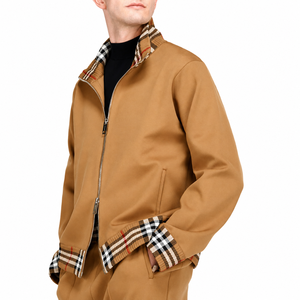 Blouson bomber camel pour homme avec doublure à carreaux, col montant, fermeture éclair, style décontracté, vêtement d'automne - Product Image 1