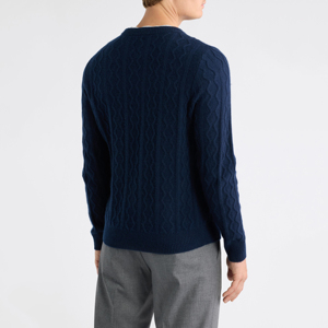 Suéter de punto trenzado azul marino para hombre, cuello redondo, color sólido, manga larga, informal, para otoño - Product Image 3