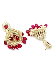 Pendientes Jhumka Étnicos Hechos a Mano de Aleación de Zinc con Piedra Roja y Perlas para Boda - Product Image 6