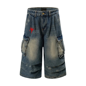 Fabricantes de Ropa de Pakistán: Pantalones Cortos de Mezclilla Cargo Holgados con Bolsillos Lavados y Personalizados para Hombre, Pantalones Cortos Largos de Mezclilla Cargo con Malla - Product Image 1