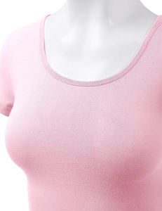 Haut court tricoté rose pour femme, col rond, manches courtes, en coton élasthanne, coupe ajustée, couleur unie, décontracté, respirant, printemps-été - Product Image 5