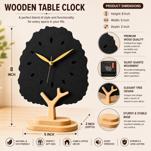 Horloge de bureau en bois 8 pouces, horloge de table noire, mouvement à quartz silencieux, support en bois naturel, horloge de bureau moderne décorative - Product Image 2
