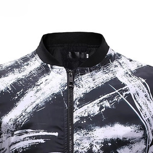 Men's Slim Fit Bomber <b>Jacket</b> Black White Hand Painted Print Zipper Closure Casual Spring Outerwear Polyester Material - Product Image 4