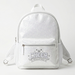Cheerleading <b>Backpack</b> Custom Printed <b>White</b> Silver Glitter Cheer Athletics Embroidery Nylon/Polyester Bulk OEM Service Wholesale - Product Image 1