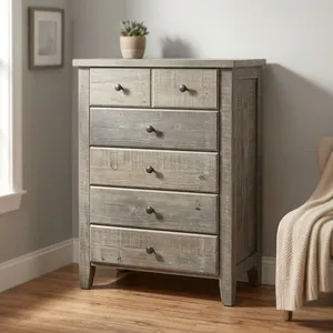 <b>Rustic</b> Dark Gray Solid Wood Eco-Friendly 6-Drawer <b>Cabinet</b> with Natural Finish and Metal Handles for Living Room Storage - Product Image 3