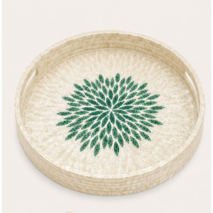 Plateau de service rond de luxe en nacre avec incrustation florale verte, mosaïque décorative, fait main, pour la décoration intérieure - Product Image 5