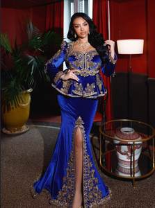 Stunning Trendy Blue Gold Hand Embroidered Traditional <b>Wedding</b> Karakou <b>Jacket</b> <b>Dress</b> Women Regular Fit Floor-Length Stretchable - Product Image 2