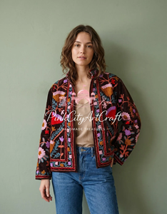Handcrafted Velvet Embroidered <b>Quilted</b> Jacket Traditional Rajasthani Boho Floral Winter Women's Breathable Eco-Friendly Long - Product Image 3
