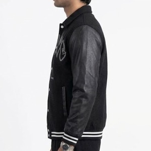 Nouvelle arrivée, veste varsity noire personnalisée pour homme, manches en cuir PU, lettres brodées en laine, col rabattu, fermeture éclair, décontractée, automne - Product Image 4