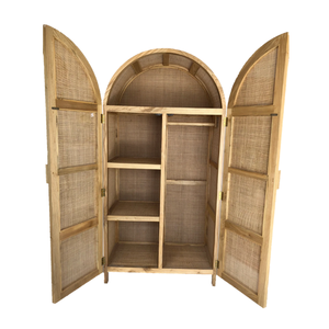 Natural Rattan Eco Friendly Arched Wardrobe <b>Cabinet</b> Shaker Doors 4 Shelves Wooden Double Door <b>Storage</b> Unit Modern <b>Bedroom</b> - Product Image 3