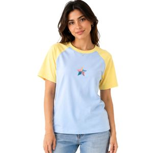 Camiseta de Mujer Azul Cielo y Amarillo Limón, Corte Raglán, Diseño de Bloques de Color, Estampado Gráfico de Estrellas, Cuello Redondo, Manga Corta, Algodón, Informal, Personalizada - Product Image 1