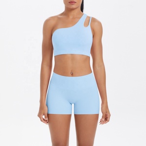 One Shoulder Asymmetric Crop Top High Waist Shorts 2 Piece Yoga Set Seamless Breathable Solid Light <b>Blue</b> Activewear - Product Image 4