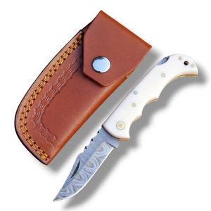 Couteaux pliants de Damas avec étui en cuir véritable, couteaux de chasse et de camping personnalisés, couteaux de poche tactiques EDC, cadeau de collection - Product Image 1