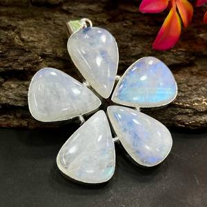 Huge Rainbow <b>Moonstone</b> 925 Sterling Silver 14K Gold Plated Handmade 5 Stone Flower Necklace IGI Certified Gift for Women - Product Image 5