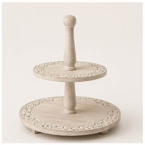 Handcrafted 2 Tier Wooden <b>Cake</b> <b>Stand</b> with Intricate Carvings Whitewashed Farmhouse Dessert Display <b>Stand</b> for Weddings Parties - Product Image 1