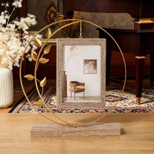 Eye Level <b>Round</b> Metal Photo <b>Frame</b> With Leaf Design Gold Finish Horizontal Tabletop Display Decorative Home Accent - Product Image 5