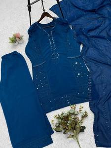 Wholesale Indian Ethnic Wear Teal <b>Blue</b> Cotton Kurta Palazzo Set with Dupatta Lucknowi Chikankari Suit Women Clothing Salwar Kame - Product Image 6