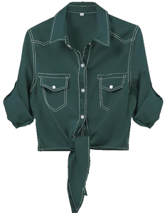 Chemisier en jean chambray court pour femme, à nouer devant, manches 3/4 retroussables, boutonné, style décontracté western cowgirl, écoresponsable - Product Image 1