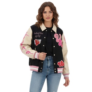 Blouson universitaire noir pour le streetwear avec broderies et patchs, coupe classique, col rabattable, imperméable, style décontracté - Product Image 1