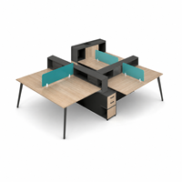 Bureau de travail commercial rectangulaire moderne pour 4 personnes avec dessus imitation bois, écrans d'intimité turquoise et rangement intégré