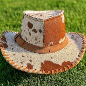 Sombrero de cuero occidental hecho a mano de alta calidad para hombre, de piel de vaca marrón con pelo, para uso en festivales al aire libre. - Product Image 6