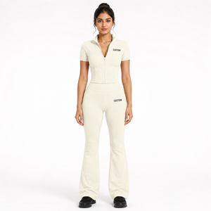 Conjunto de Yoga para Mujer, Top de Manga Corta con Cierre, Pantalones Acampanados de Cintura Alta, Ropa Deportiva, Conjunto de Yoga Elástico de 2 Piezas Personalizado OEM - Product Image 1