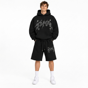 <b>Men's</b> Oversized Rhinestone <b>Hoodie</b> & Sweat <b>Shorts</b> <b>Set</b> Heavyweight Fleece Streetwear Track Suit <b>Men</b> Causal Hooded <b>Shorts</b> Track <b>Set</b> - Product Image 3