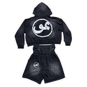 Ensemble deux pièces personnalisé pour homme : sweat à capuche zippé imprimé strass épais et short double taille pour le streetwear - Product Image 3