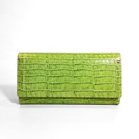 Dompet Panjang Wanita Castello dengan Motif Kulit Sapi Embos Cetak Croco, Penutup Hasp, Kantong Ber-resleting, Lapisan Poliester, Hijau Cokelat