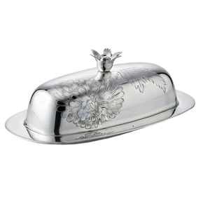 Plat à beurre ovale en métal avec couvercle, motif floral gravé, style classique, vaisselle - Product Image 3