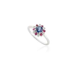 14K White Gold Ruby Blue Sapphire & Diamond Flower Ring-Resizable Wedding Band - Product Image 3