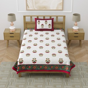 Hand Block Printed Cotton Bedsheet Floral Border Heritage Single Design with <b>Pillow</b> Cover for Home Hotel Bedding - Product Image 2