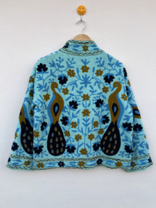Blouson Bomber Suzani en Velours Tissé Respirant Brodé à la Main Style Bohème, Veste d'Extérieur Unisexe Ouverte sur le Devant pour Automne/Hiver et Festivals - Product Image 2