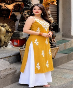<b>Women</b> Yellow Rayon Embroidered Vintage Quick Dry <b>Kurta</b> Palazzo Set Traditional Casual Wear India Pakistan Style Midi Length - Product Image 2