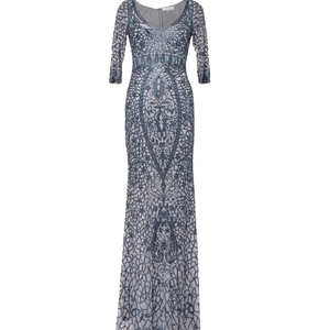 Women Slate Blue Beaded Evening Maxi Dress Elegant V Neck 3/4 Sleeve <b>Sequin</b> Embellished Floor Length Mermaid Gown Formal Dress - Product Image 3