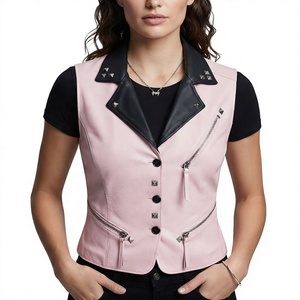 Women’s Custom Leather Motorcycle Vest Women's Fashion Leather Vest Pink Vest with Zipper Pockets OEM Custom Design - Product Image 1
