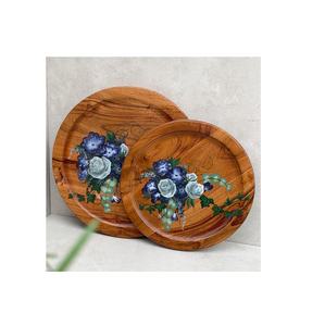 Plateau de service rond en bois imprimé personnalisé pour le thé et le petit-déjeuner, plateau en bois naturel, décoration de table basse pour hôtels et mariages - Product Image 1