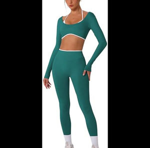 Conjuntos Deportivos de 2 Piezas para Mujer, Top Corto Halter de Manga Larga con Paneles en Contraste y Leggings de Cintura Alta, Conjuntos Deportivos - Product Image 1