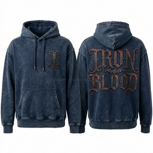 Men Custom Streetwear Zip Up Hoodie Heavy Weight Stone Wash Fleece Blood Craft Graphic Puff Print Distressed Zip Sweatshirt - Product Image 4