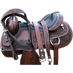 Selle de cheval en cuir western de luxe, faite à la main |   Équipement d'équitation de qualité supérieure pour la course de barils et la pratique équestre sur sentier, avec ornements floraux sculptés - Product Image 3