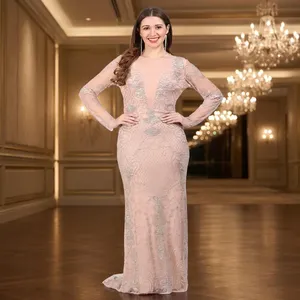 Robe de soirée longue rose nude, manches longues, col en V profond, robe de mariée ou de soirée brodée de perles - Product Image 1