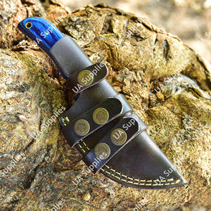 Cuchillo Skinner de Hoja Fija de Acero de Damasco Personalizado al por Mayor con Mango Estabilizado Azul, OEM ODM, para Caza, Camping, EDC, con Funda de Cuero - Product Image 6