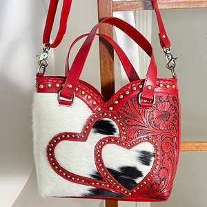 Sac fourre-tout et pochette bandoulière en cuir de vachette façonnée à la main style western, ensemble deux pièces assorti, sac messager double cœur pour femme - Product Image 5