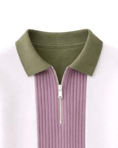 Sudadera Polo Personalizada para Hombre, Verde Oliva, Rosa y Blanca, con Cierre de Cremallera de un Cuarto, Paneles Acanalados, Estilo Casual, de Forro Polar, Manga Larga, Ropa Urbana - Product Image 5