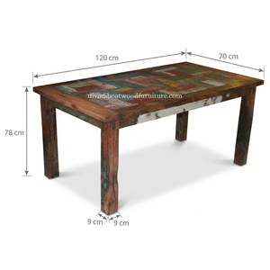 Mesa de comedor DIVADI estilo Java, patchwork, desmontable, de madera recuperada de embarcaciones, diseño sostenible, ecológico, para interiores y exteriores. - Product Image 1