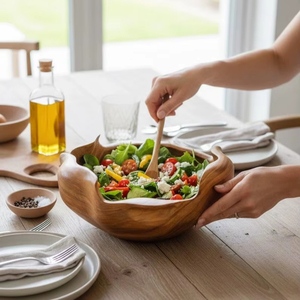 Tazón para Ensalada Hecho a Mano de Madera de Acacia Resistente al Calor con Diseño Ondulado de Palisandro, Tazón Decorativo Tallado a Mano para Aperitivos - Product Image 1