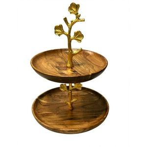 Wholesale Price Wooden Two Tier Cake Stand Gold <b>Handle</b> Dessert Display Tray Serving Decor Item for sale wood cake stands - Product Image 1