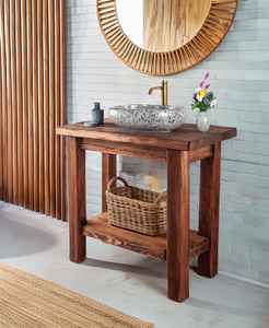 ตู้วางอ่างล้างหน้าห้องน้ำไม้เนื้อแข็งพร้อมอ่างหิน ชั้นวางของแบบเปิด เฟอร์นิเจอร์ไม้สำหรับตกแต่งห้องน้ำ - Product Image 2