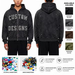 Vintage Wash Rhinestone Zip Hoodie 100% French Cotton Heavyweight Distressed Oversized Anti-Pilling Autumn/Winter Men's - Product Image 3
